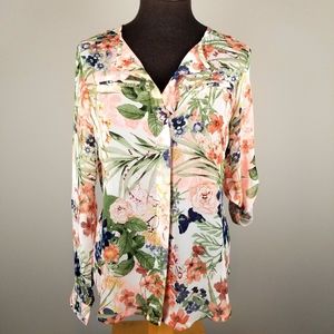 NWT: Ovi tab sleeved floral tropical sheer blouse
